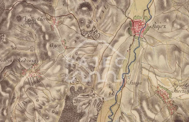 Mesto Rajec na mape prvého vojenského mapovania 1763-1787 (zdroj_  Vojenské historické múzeum v Budapešti - Hadtőrténeti Intézet és Múzeum)